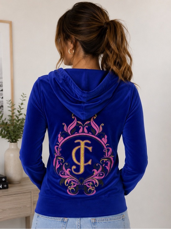 Juicy Couture Sweaters - Juicy Couture Velour Zip Hoodie Sz Small Royal Blue Gold Pink JC Monogram Y2K